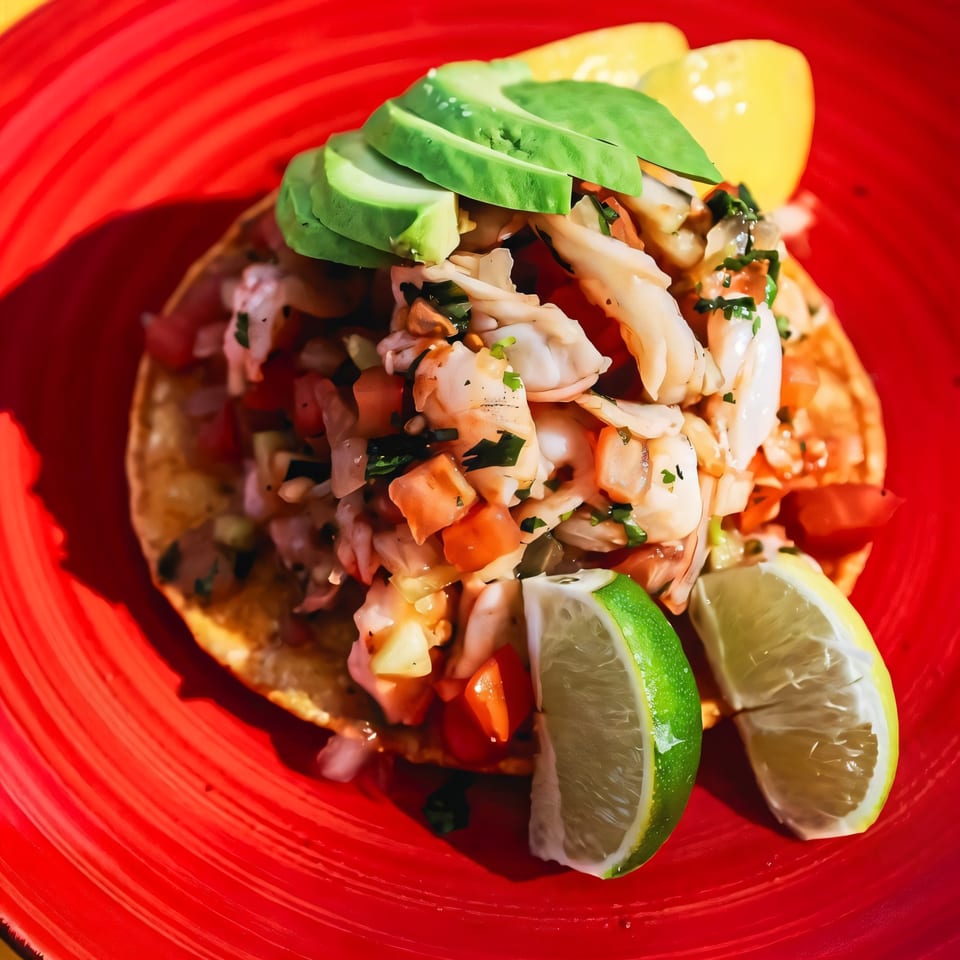 Loco Charlies' shrimp ceviche tostada with avocado slices, pico de gallo, and lime wedges on a red plate.